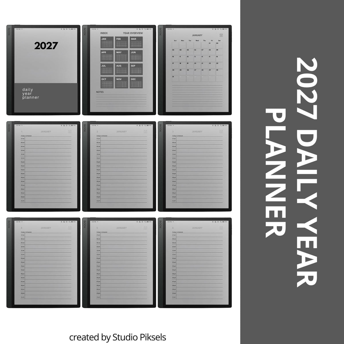 2026 and 2027 hyperlinked digital planners for BOOX devices with daily schedules and monthly calendar layouts