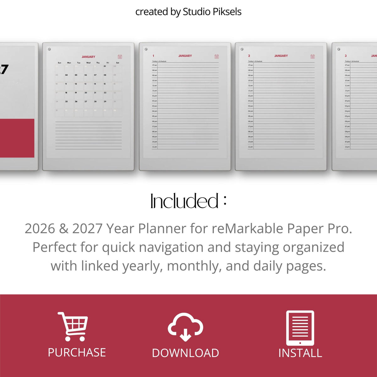 2-Year Hyperlinked Planner Bundle for reMarkable Paper Pro with daily hourly schedules, monthly calendars, and yearly planning pages for 2026 and 2027