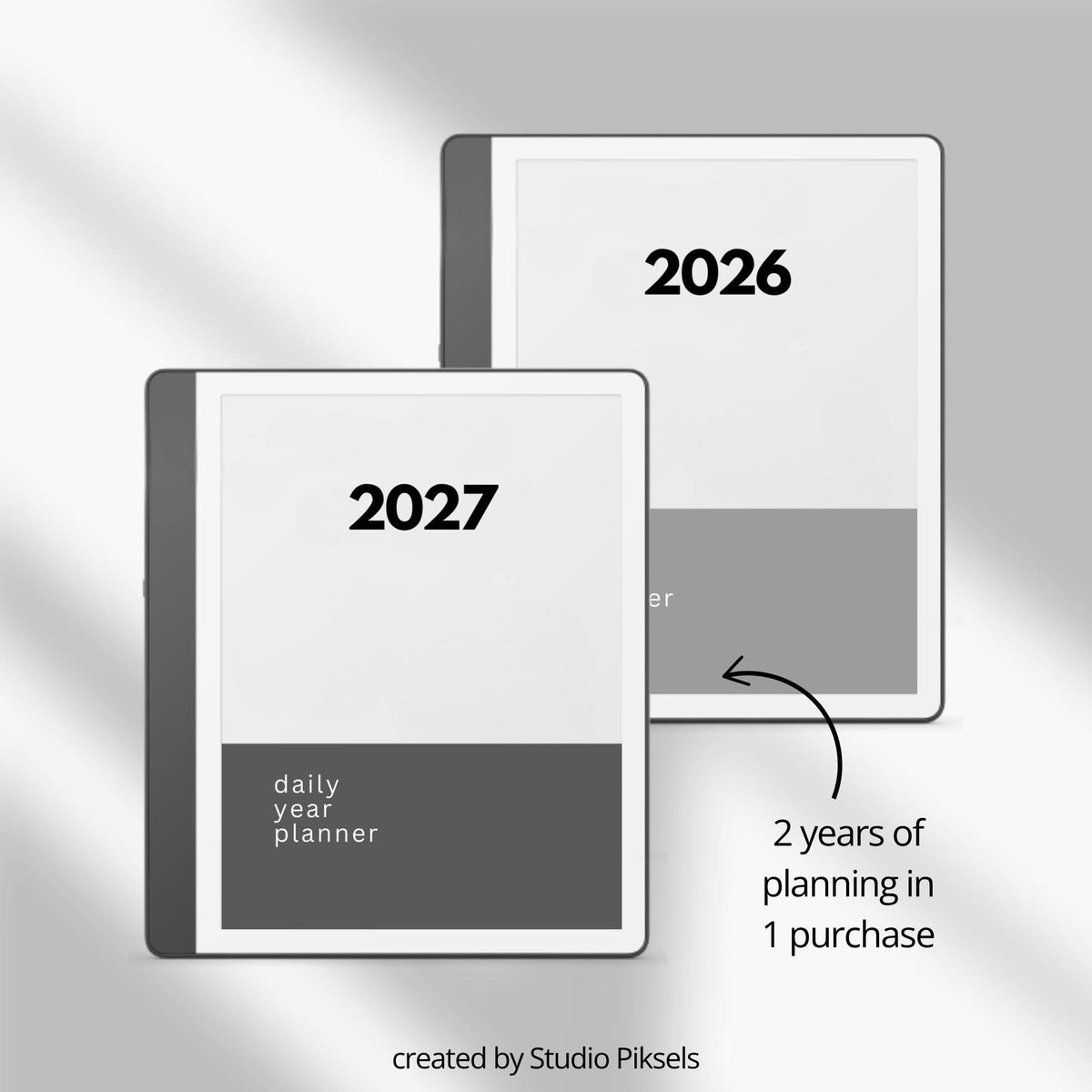2026 and 2027 hyperlinked daily planners for Kindle Scribe with hourly schedules and monthly calendar layouts
