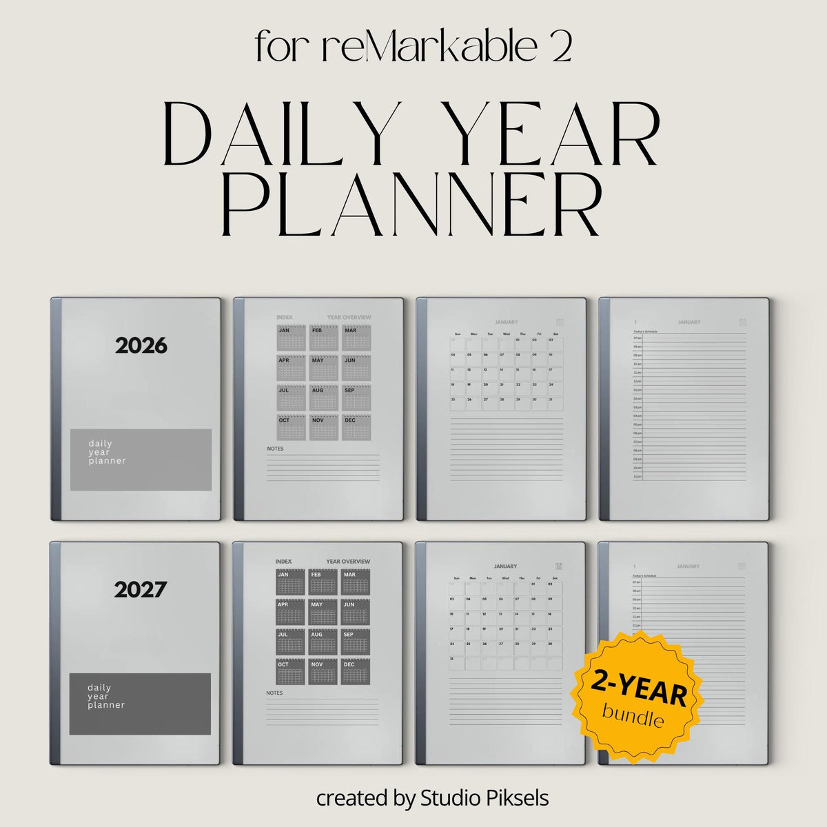 2026 + 2027 Daily Year Planners for reMarkable 2 & Paper Pure digital product preview.