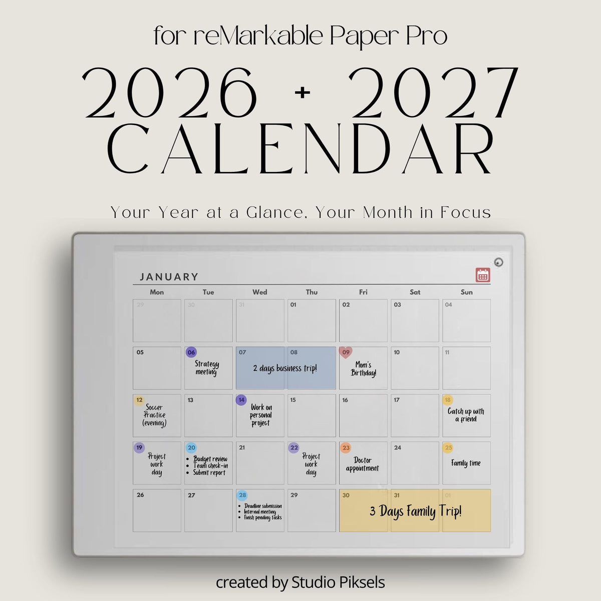 2026 and 2027 landscape monthly planner bundle for reMarkable Paper Pro with minimalist digital calendar pages for scheduling and organization.