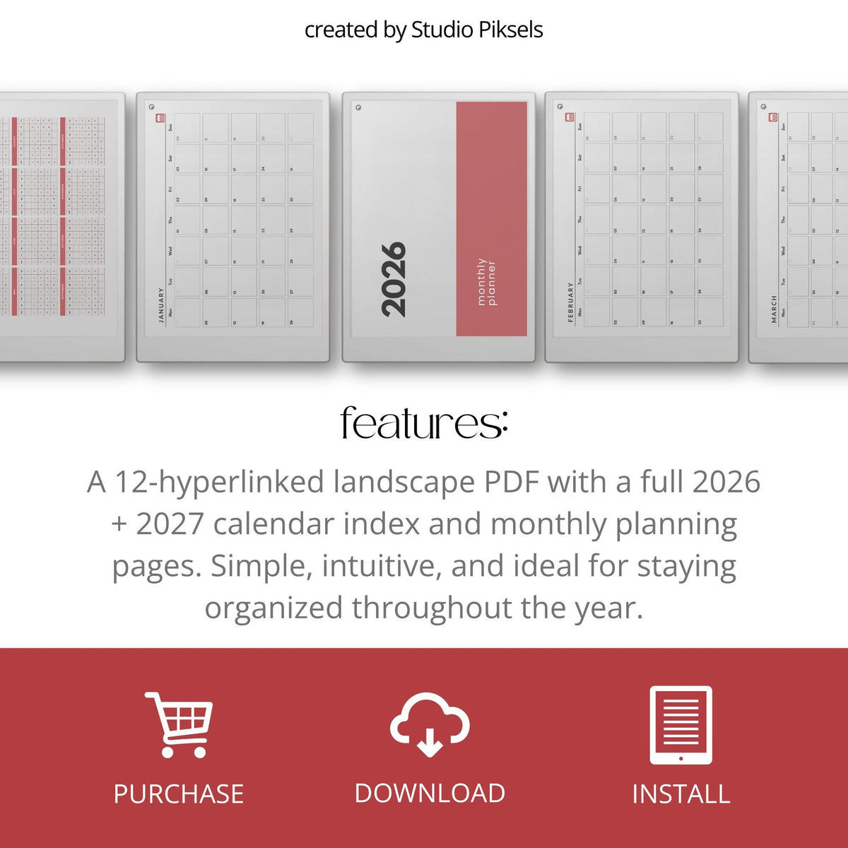 2026 and 2027 landscape monthly planner bundle for reMarkable Paper Pro with minimalist digital calendar pages for scheduling and organization.