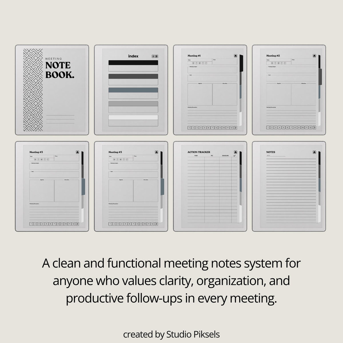 XL Meeting Notes Notebook for reMarkable 2 and reMarkable Paper Pure featuring 120 hyperlinked meeting pages, action tracker, structured meeting notes, grayscale organization, and monochrome PDF layouts.