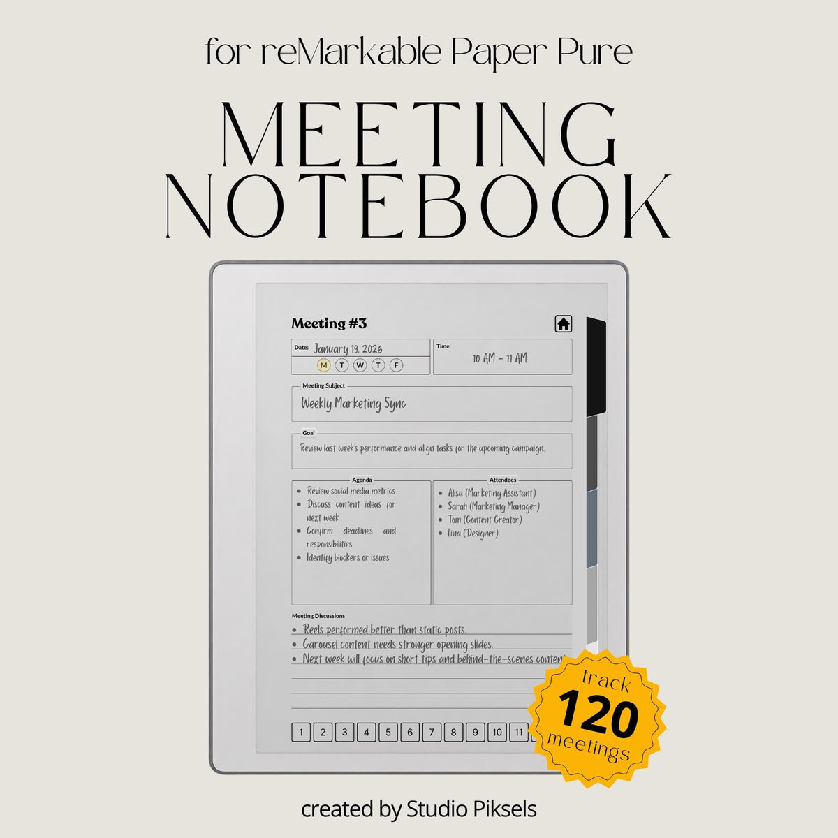 XL Meeting Notes Notebook for reMarkable 2 and reMarkable Paper Pure featuring 120 hyperlinked meeting pages, action tracker, structured meeting notes, grayscale organization, and monochrome PDF layouts.