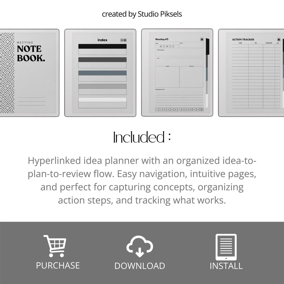 XL Meeting Notes Notebook for reMarkable 2 and reMarkable Paper Pure featuring 120 hyperlinked meeting pages, action tracker, structured meeting notes, grayscale organization, and monochrome PDF layouts.