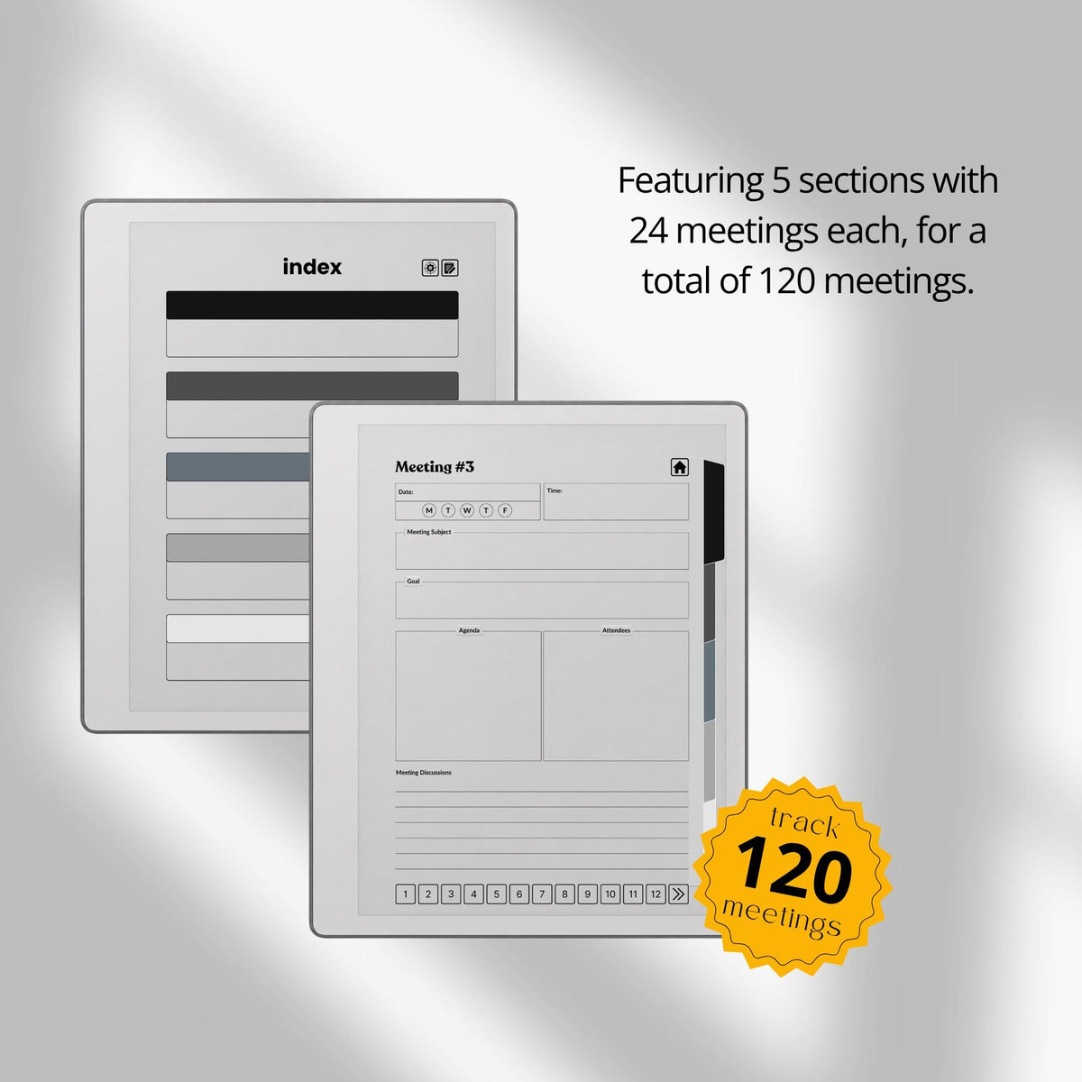 XL Meeting Notes Notebook for reMarkable 2 and reMarkable Paper Pure featuring 120 hyperlinked meeting pages, action tracker, structured meeting notes, grayscale organization, and monochrome PDF layouts.
