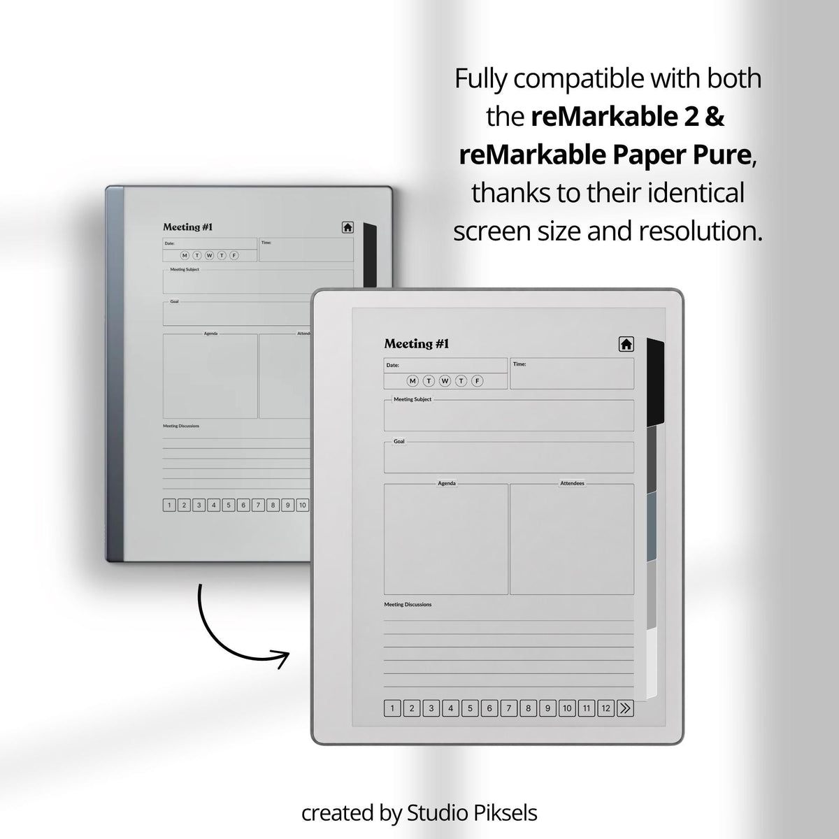 XL Meeting Notes Notebook for reMarkable 2 and reMarkable Paper Pure featuring 120 hyperlinked meeting pages, action tracker, structured meeting notes, grayscale organization, and monochrome PDF layouts.