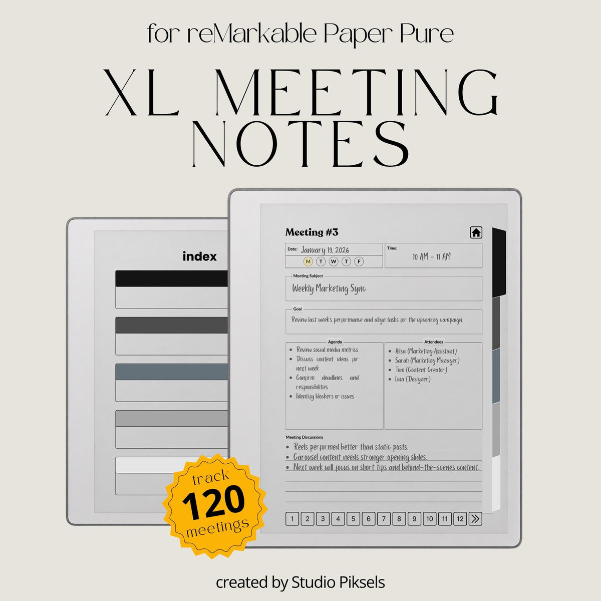 XL Meeting Notes Notebook for reMarkable 2 and reMarkable Paper Pure featuring 120 hyperlinked meeting pages, action tracker, structured meeting notes, grayscale organization, and monochrome PDF layouts.