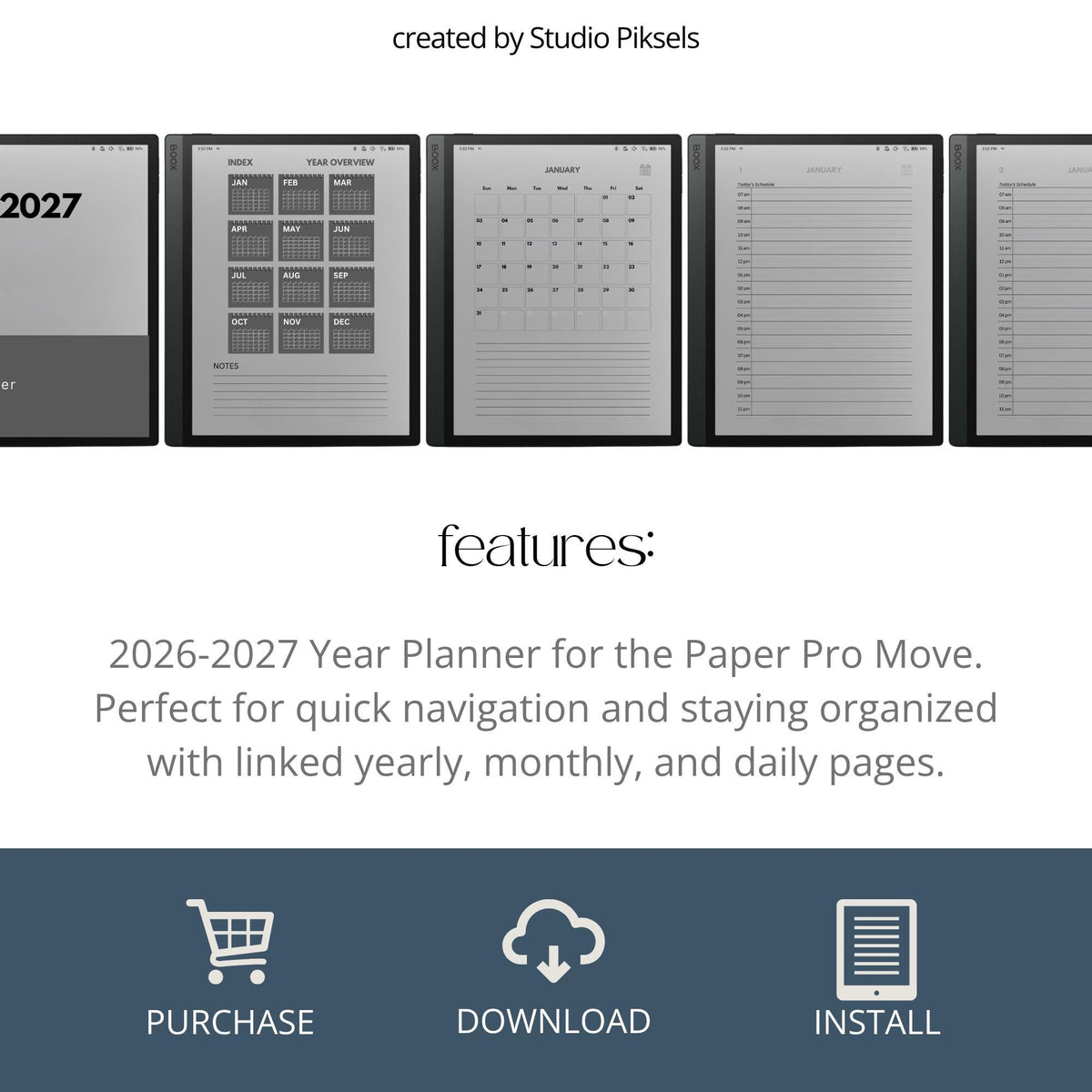 2026 and 2027 hyperlinked digital planners for BOOX devices with daily schedules and monthly calendar layouts