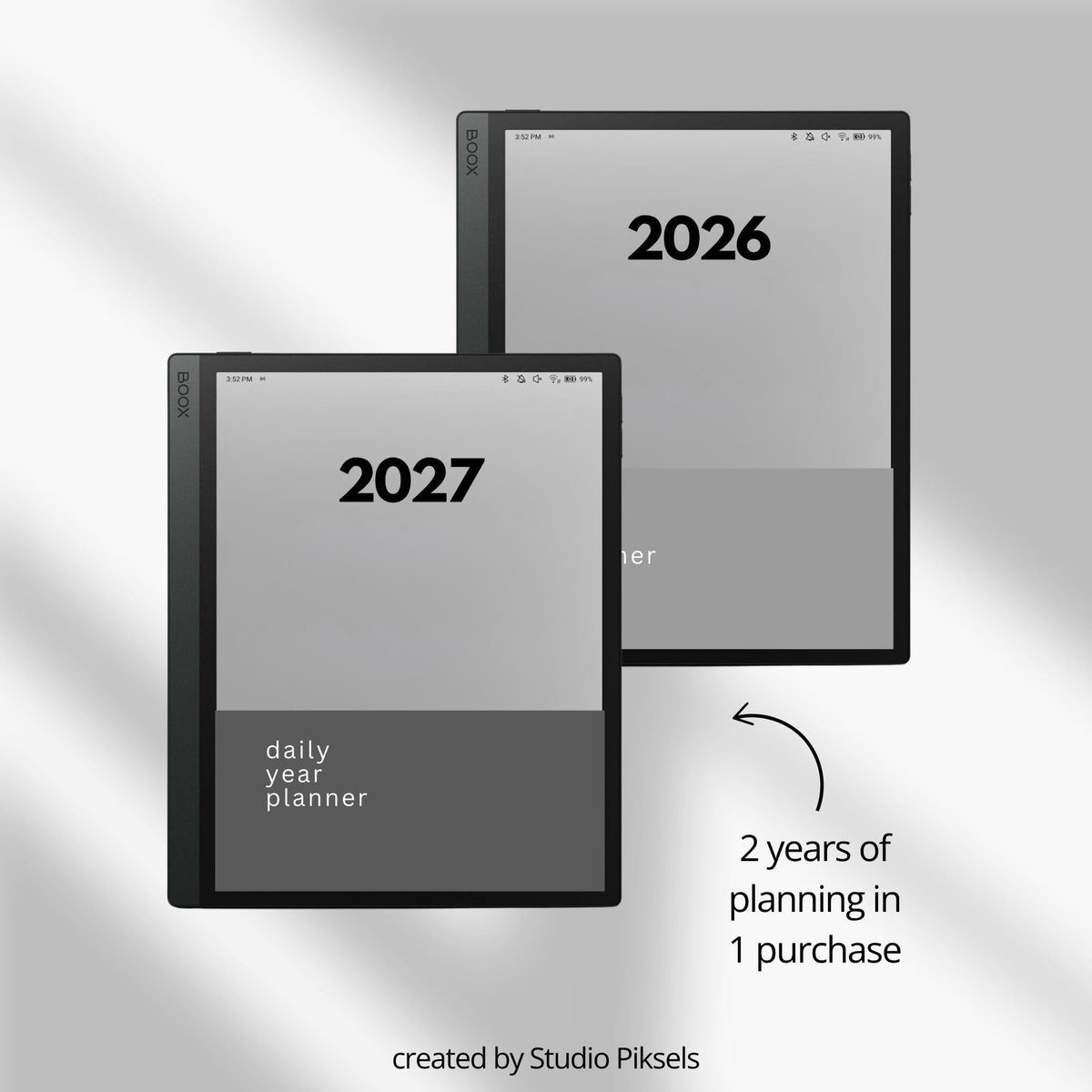 2026 and 2027 hyperlinked digital planners for BOOX devices with daily schedules and monthly calendar layouts