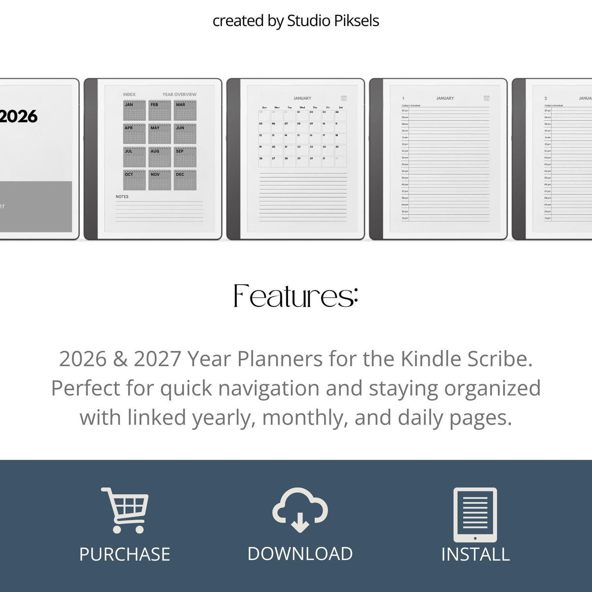 2026 and 2027 hyperlinked daily planners for Kindle Scribe with hourly schedules and monthly calendar layouts
