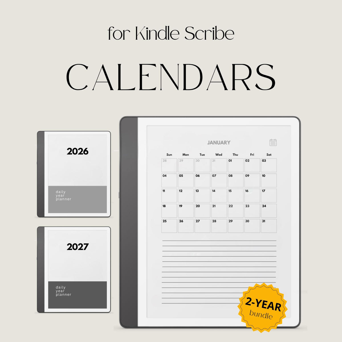 2026 and 2027 hyperlinked daily planners for Kindle Scribe with hourly schedules and monthly calendar layouts