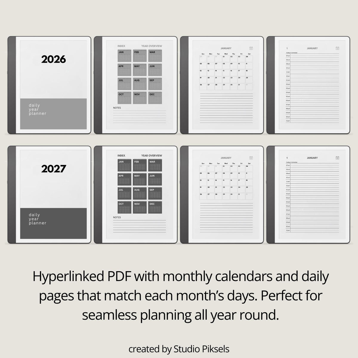 2026 and 2027 hyperlinked daily planners for Kindle Scribe with hourly schedules and monthly calendar layouts
