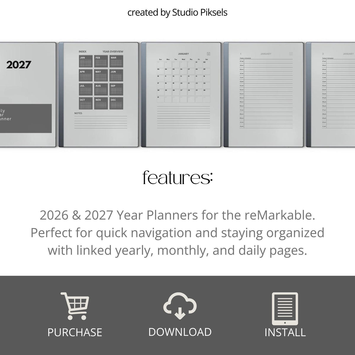 2026 + 2027 Daily Year Planners for reMarkable 2 & Paper Pure digital product preview.