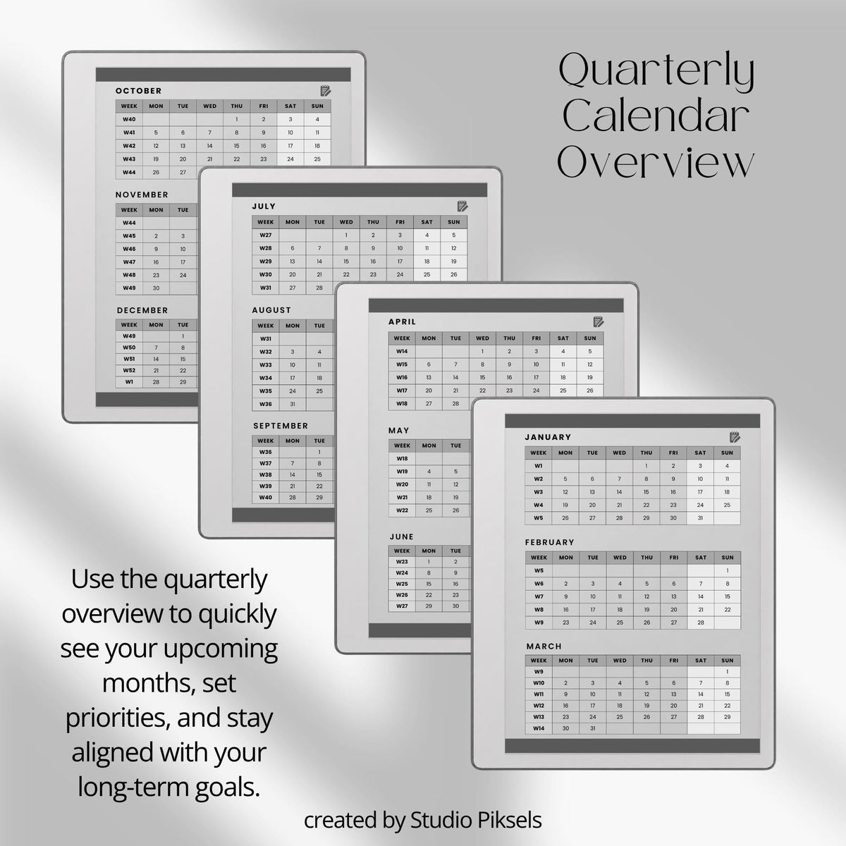 2026 & 2027 Quarterly Overview Weekly Calendar for reMarkable 2 and reMarkable Paper Pure featuring quarterly overview indexes, 52 weekly planning spreads, 10 linked notes pages, and monochrome hyperlinked PDF layouts.