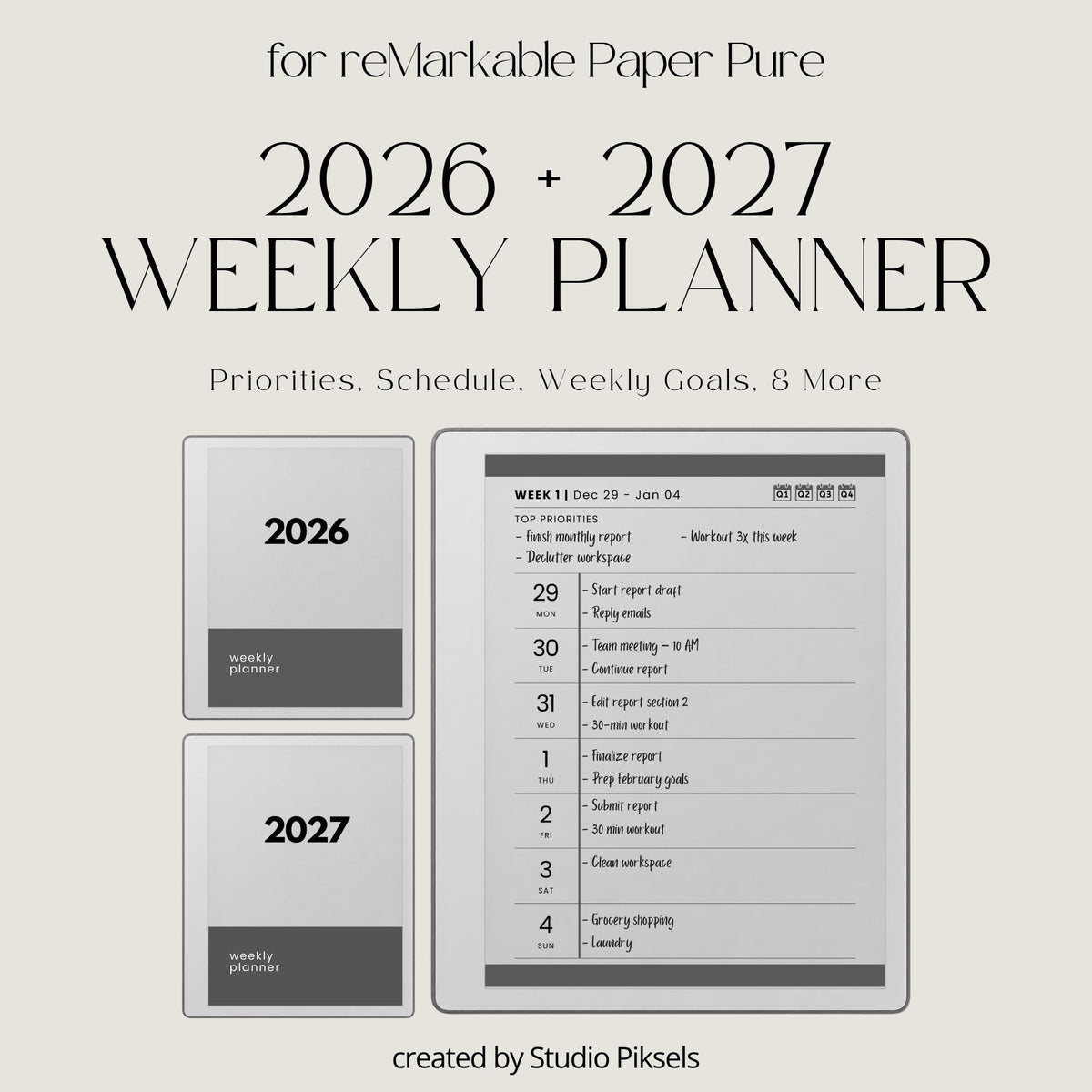 2026 & 2027 Quarterly Overview Weekly Calendar for reMarkable 2 and reMarkable Paper Pure featuring quarterly overview indexes, 52 weekly planning spreads, 10 linked notes pages, and monochrome hyperlinked PDF layouts.