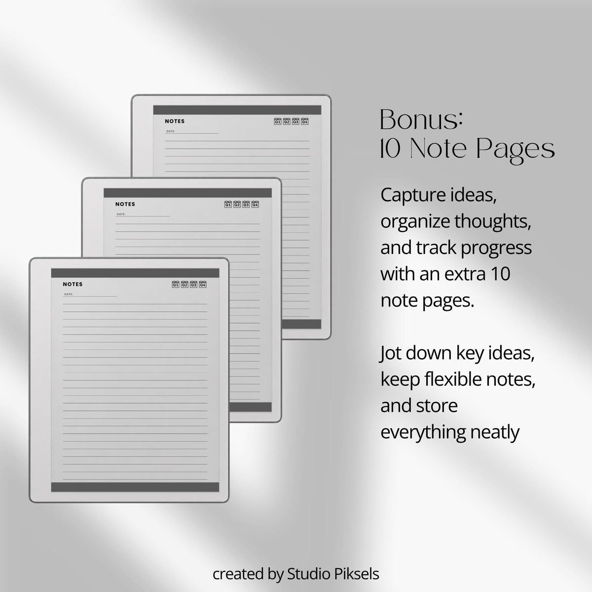 2026 & 2027 Quarterly Overview Weekly Calendar for reMarkable 2 and reMarkable Paper Pure featuring quarterly overview indexes, 52 weekly planning spreads, 10 linked notes pages, and monochrome hyperlinked PDF layouts.