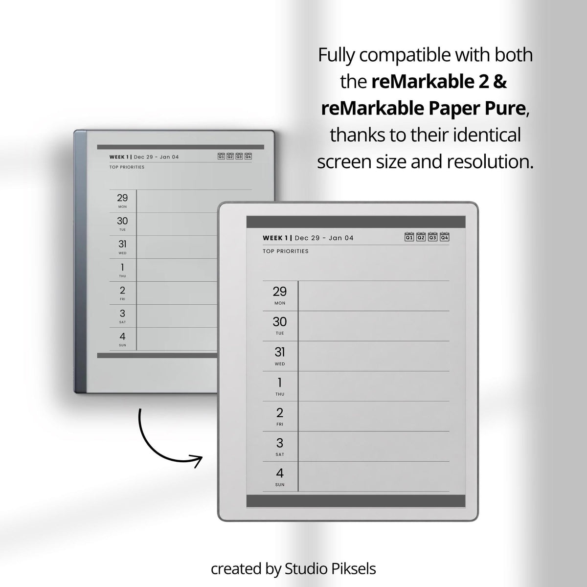 2026 & 2027 Quarterly Overview Weekly Calendar for reMarkable 2 and reMarkable Paper Pure featuring quarterly overview indexes, 52 weekly planning spreads, 10 linked notes pages, and monochrome hyperlinked PDF layouts.