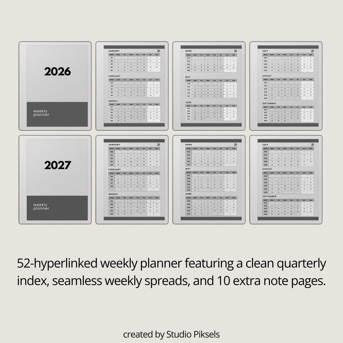 2026 & 2027 Quarterly Overview Weekly Calendar for reMarkable 2 and reMarkable Paper Pure featuring quarterly overview indexes, 52 weekly planning spreads, 10 linked notes pages, and monochrome hyperlinked PDF layouts.