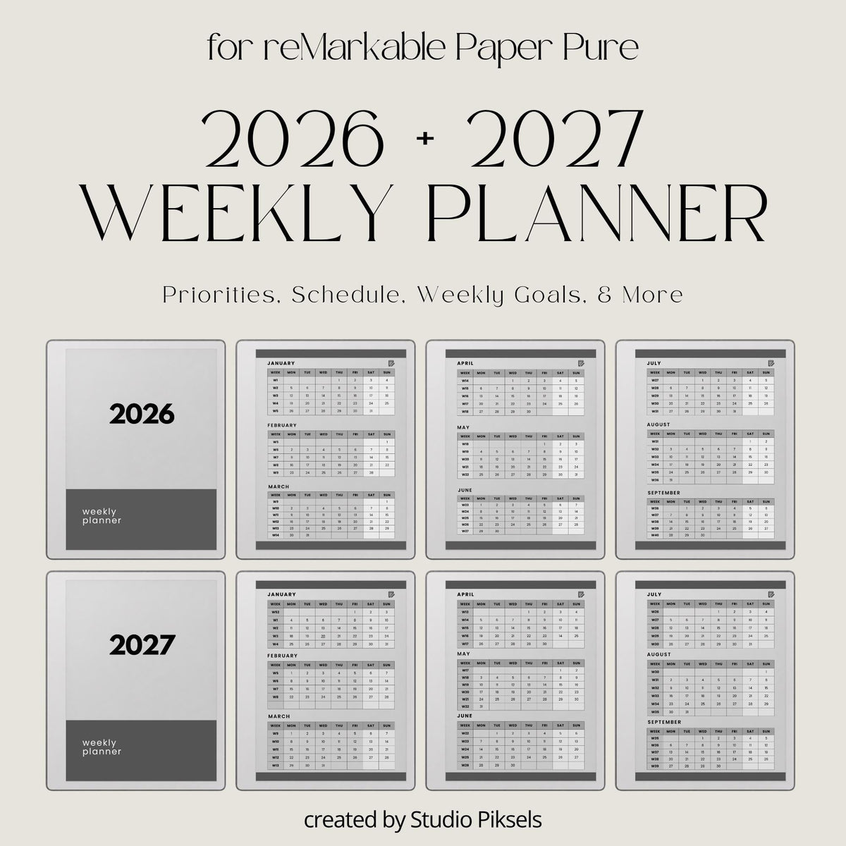 2026 & 2027 Quarterly Overview Weekly Calendar for reMarkable 2 and reMarkable Paper Pure featuring quarterly overview indexes, 52 weekly planning spreads, 10 linked notes pages, and monochrome hyperlinked PDF layouts.