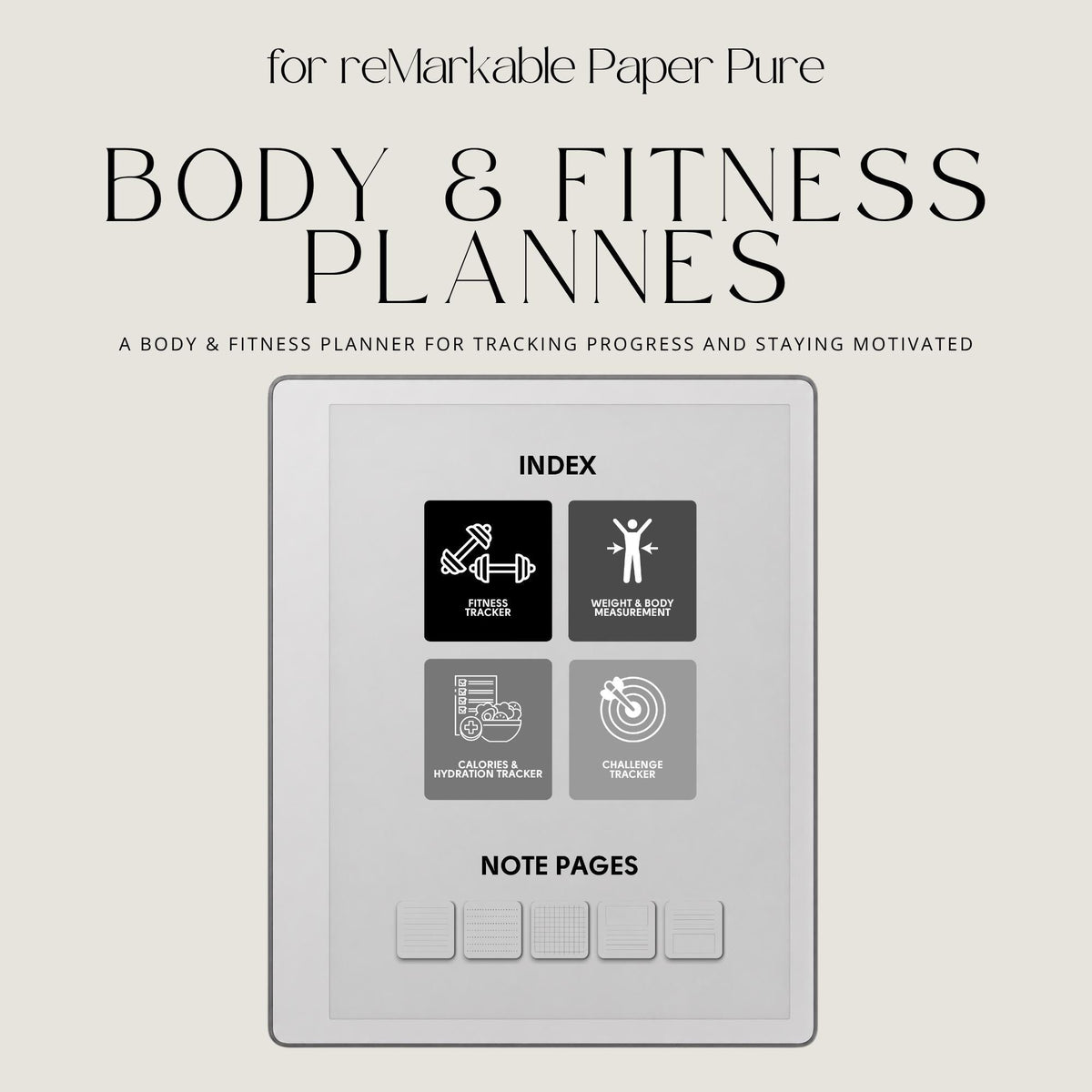 Hyperlinked Fitness and Health Planner for reMarkable 2 and reMarkable Paper Pure featuring workout logs, body measurements, nutrition tracking, habit trackers, and monochrome PDF layouts.