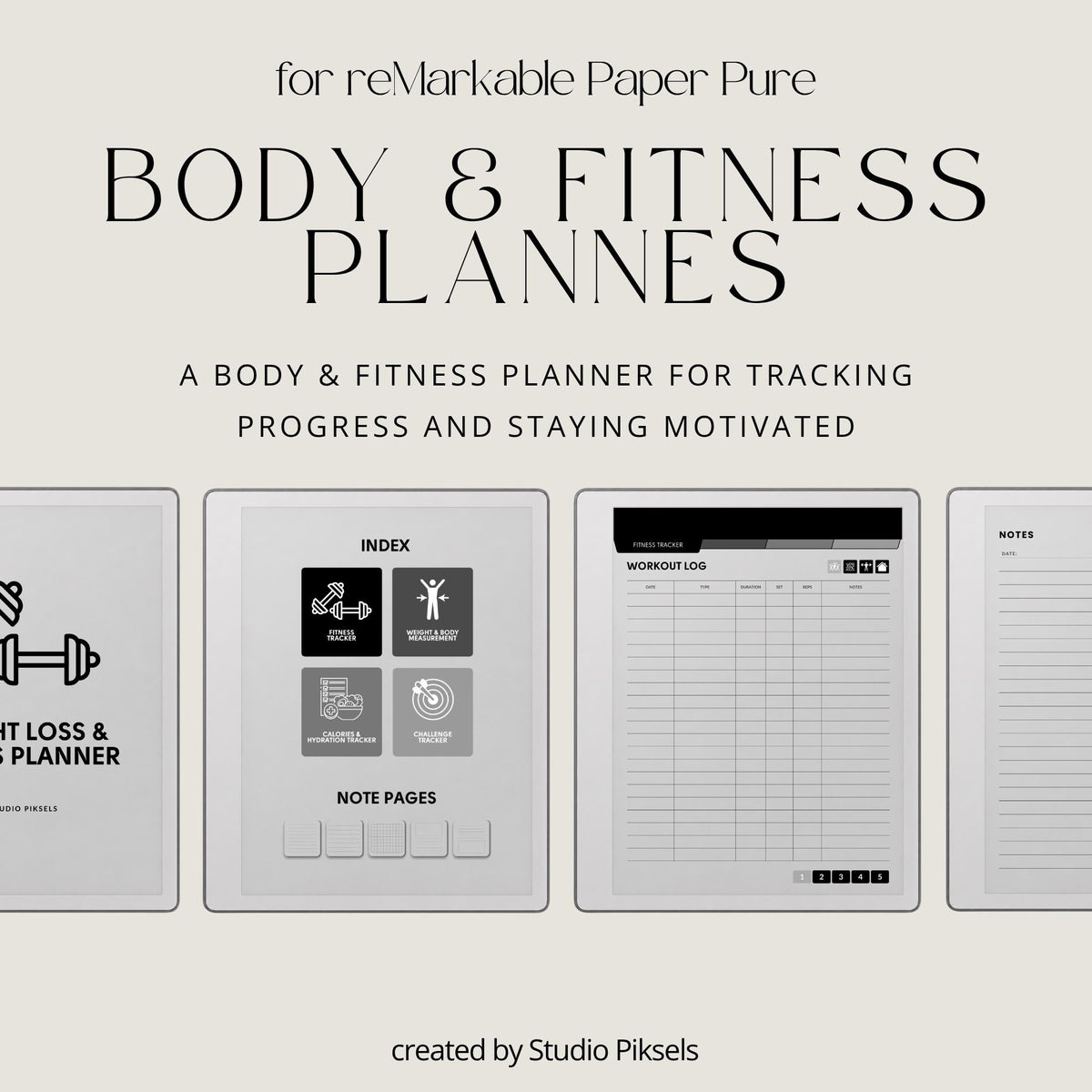 Hyperlinked Fitness and Health Planner for reMarkable 2 and reMarkable Paper Pure featuring workout logs, body measurements, nutrition tracking, habit trackers, and monochrome PDF layouts.