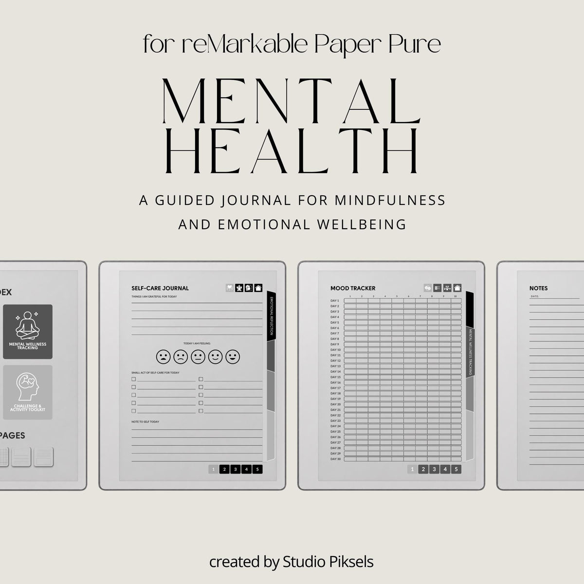 Hyperlinked Mental Health Journal for reMarkable 2 and reMarkable Paper Pure featuring emotional reflection, wellness tracking, guided journaling, and monochrome e-ink layouts.