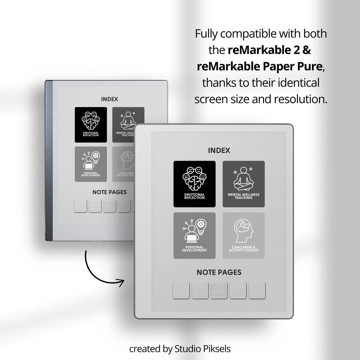 Hyperlinked Mental Health Journal for reMarkable 2 and reMarkable Paper Pure featuring emotional reflection, wellness tracking, guided journaling, and monochrome e-ink layouts.
