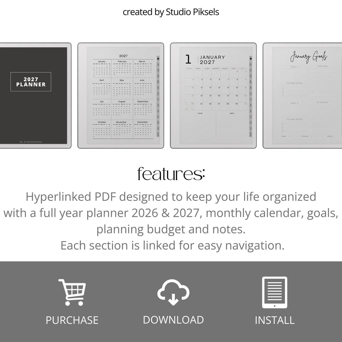 Ultimate Life Planner 2026 for reMarkable 2 and reMarkable Paper Pure featuring hyperlinked monthly planners, budgeting pages, habit trackers, and minimalist grayscale productivity layouts