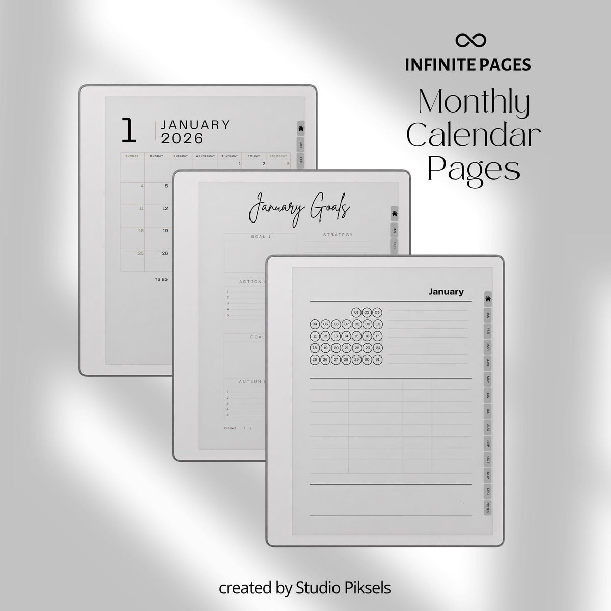 Ultimate Life Planner 2026 for reMarkable 2 and reMarkable Paper Pure featuring hyperlinked monthly planners, budgeting pages, habit trackers, and minimalist grayscale productivity layouts
