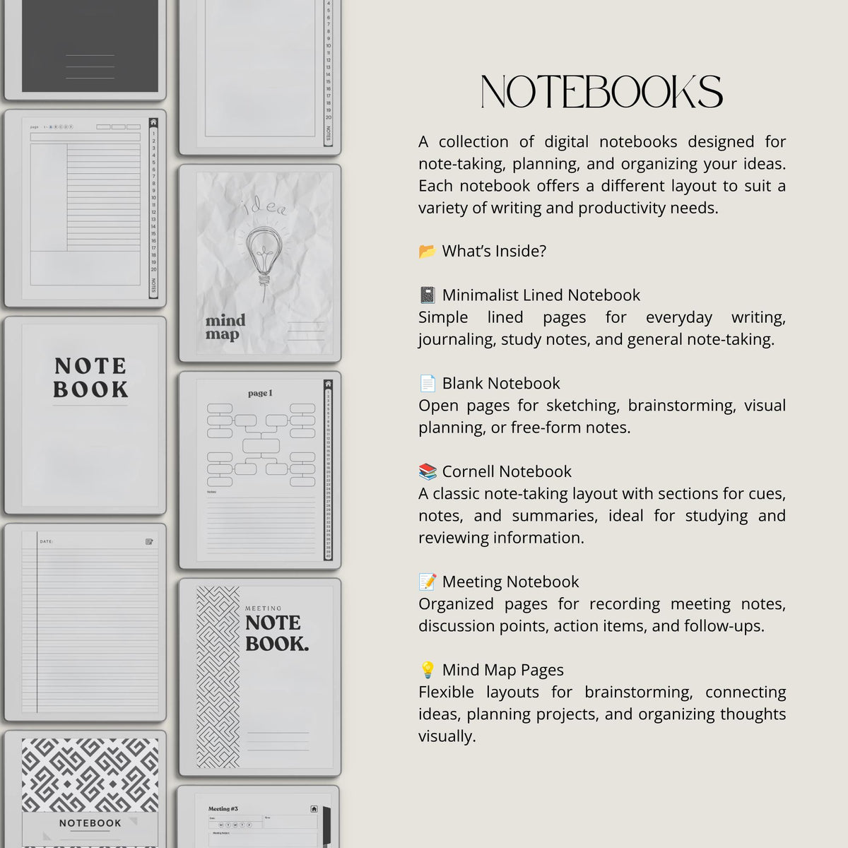 17-Piece Starter Bundle for reMarkable Paper Pure featuring digital notebooks, 2026 and 2027 weekly planners, trackers, journals, contact pages, password tracker, work planner, reading planner, and a 140-page puzzle and tracing book optimized for monochrome e-ink.