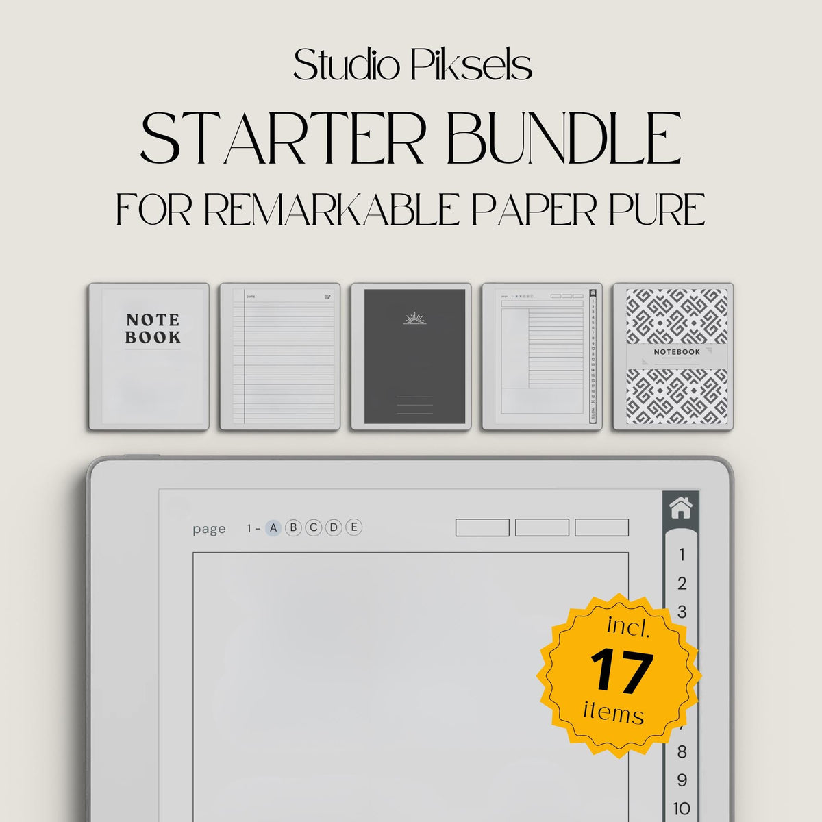 17-Piece Starter Bundle for reMarkable Paper Pure featuring digital notebooks, 2026 and 2027 weekly planners, trackers, journals, contact pages, password tracker, work planner, reading planner, and a 140-page puzzle and tracing book optimized for monochrome e-ink.