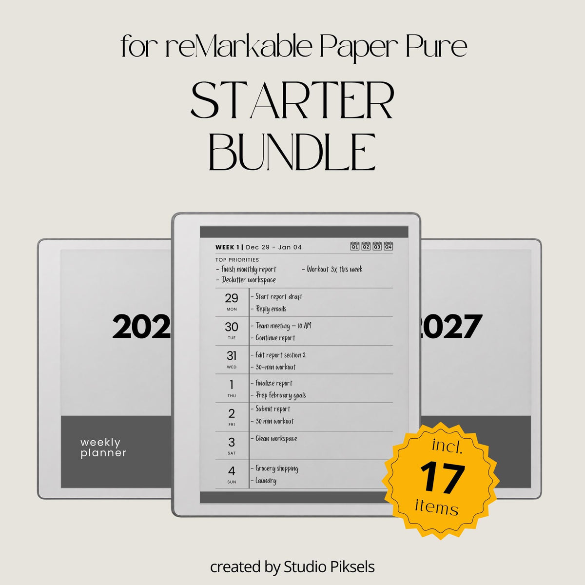 17-Piece Starter Bundle for reMarkable Paper Pure featuring digital notebooks, 2026 and 2027 weekly planners, trackers, journals, contact pages, password tracker, work planner, reading planner, and a 140-page puzzle and tracing book optimized for monochrome e-ink.