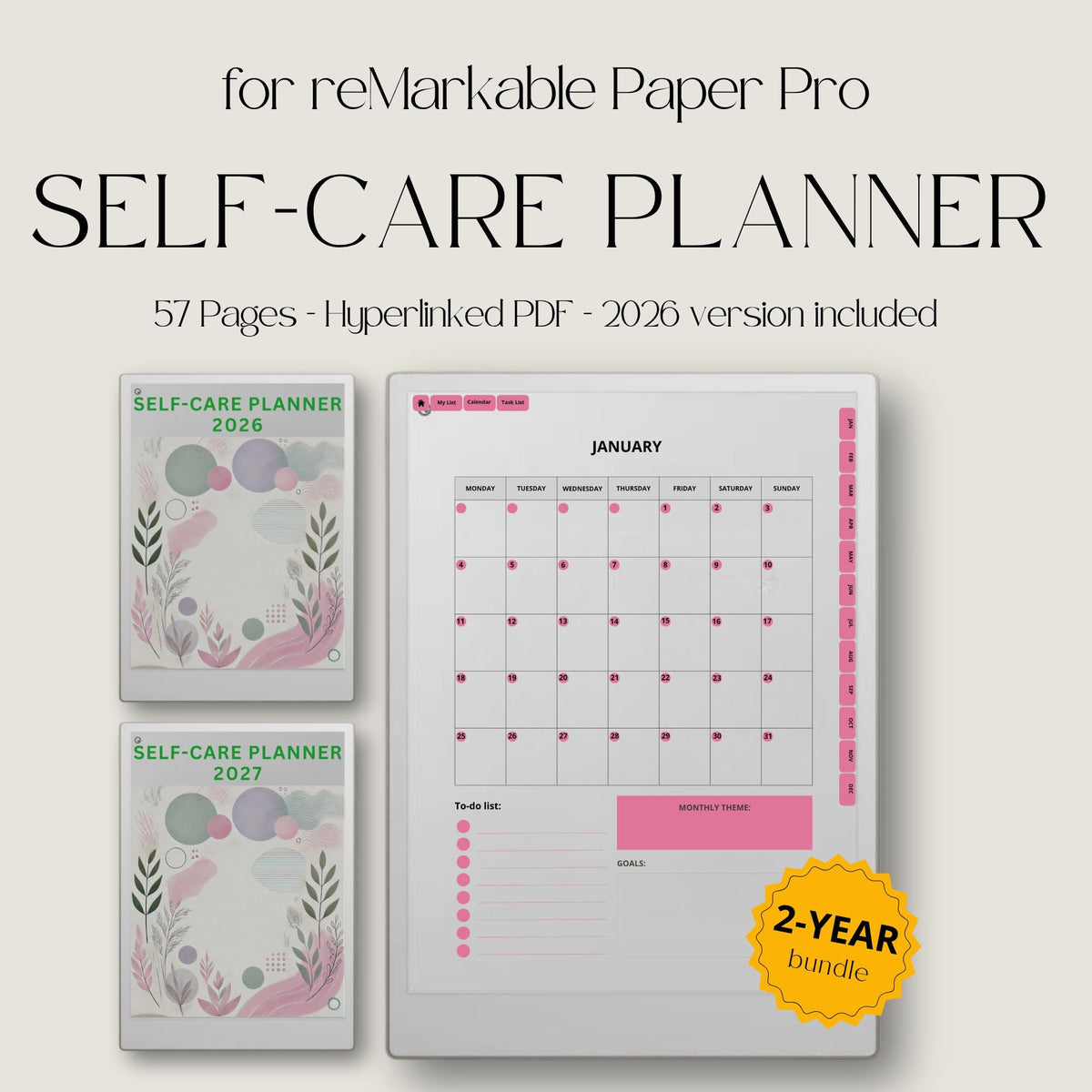 2026 + 2027 Self Care Planner for reMarkable Paper Pro
