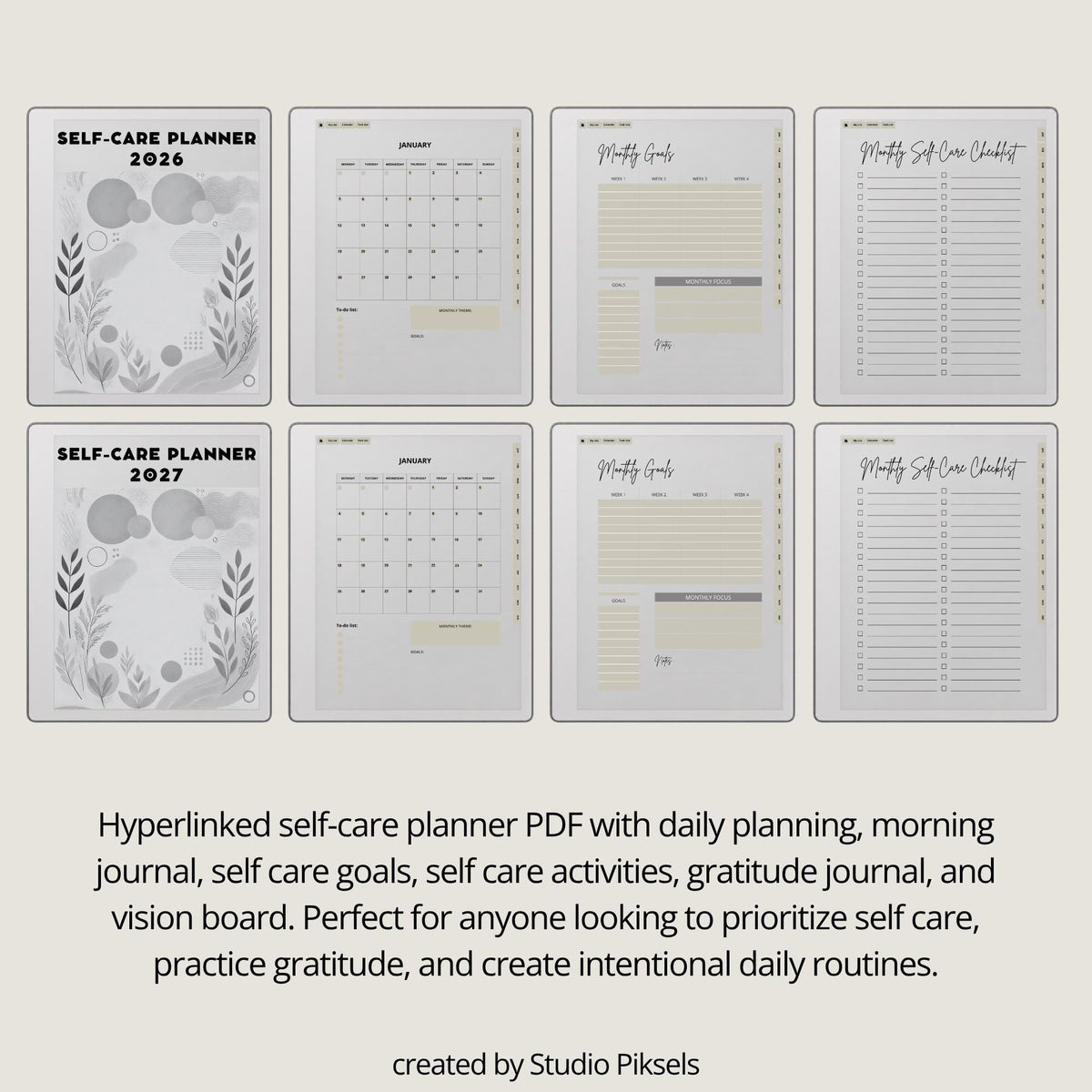 2026 Self-Care Planner PDF for reMarkable 2 and Paper Pure with grayscale wellness pages, gratitude journal sections, and hyperlinked planning layouts