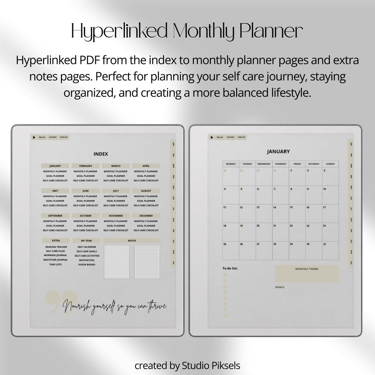2026 Self-Care Planner PDF for reMarkable 2 and Paper Pure with grayscale wellness pages, gratitude journal sections, and hyperlinked planning layouts