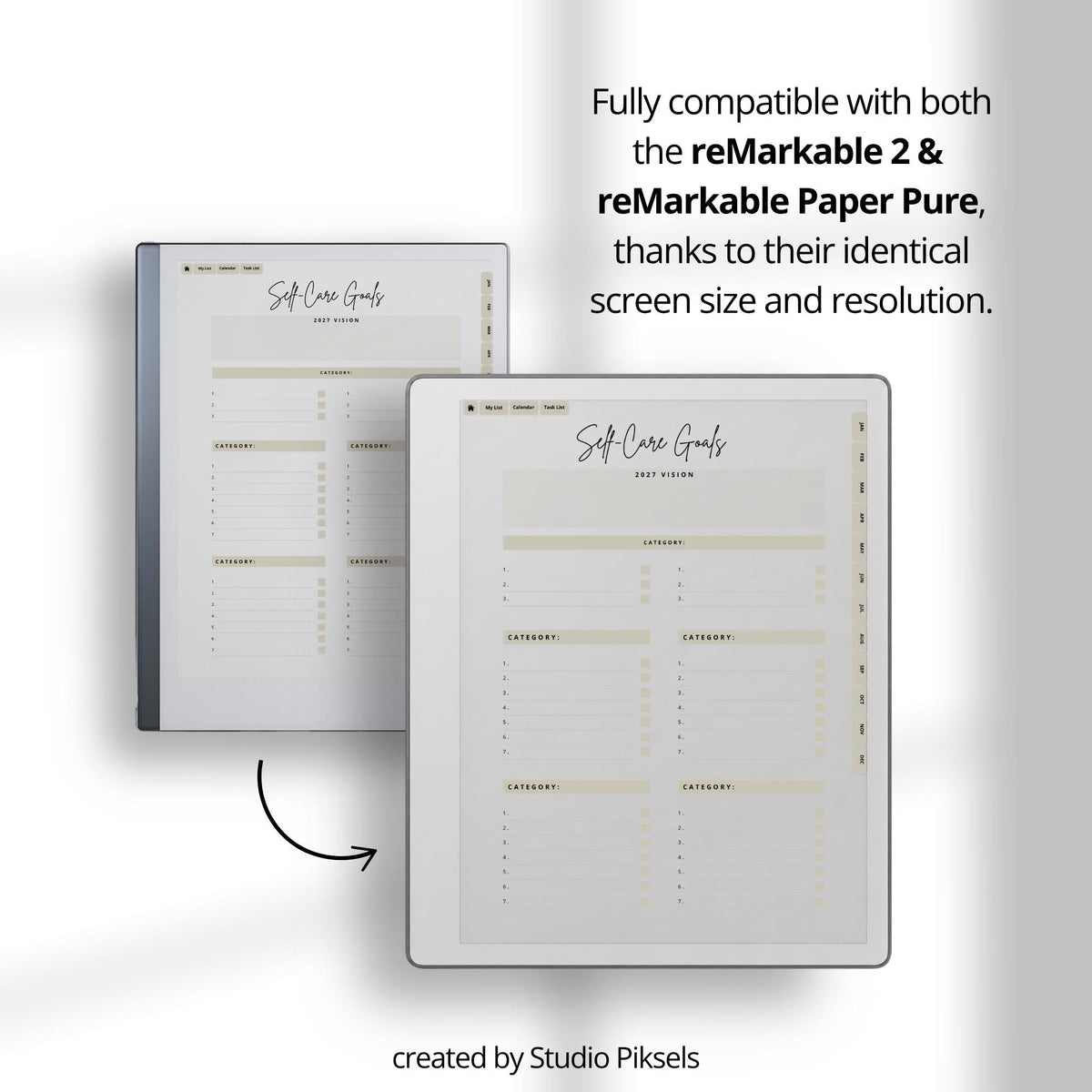 2026 Self-Care Planner PDF for reMarkable 2 and Paper Pure with grayscale wellness pages, gratitude journal sections, and hyperlinked planning layouts