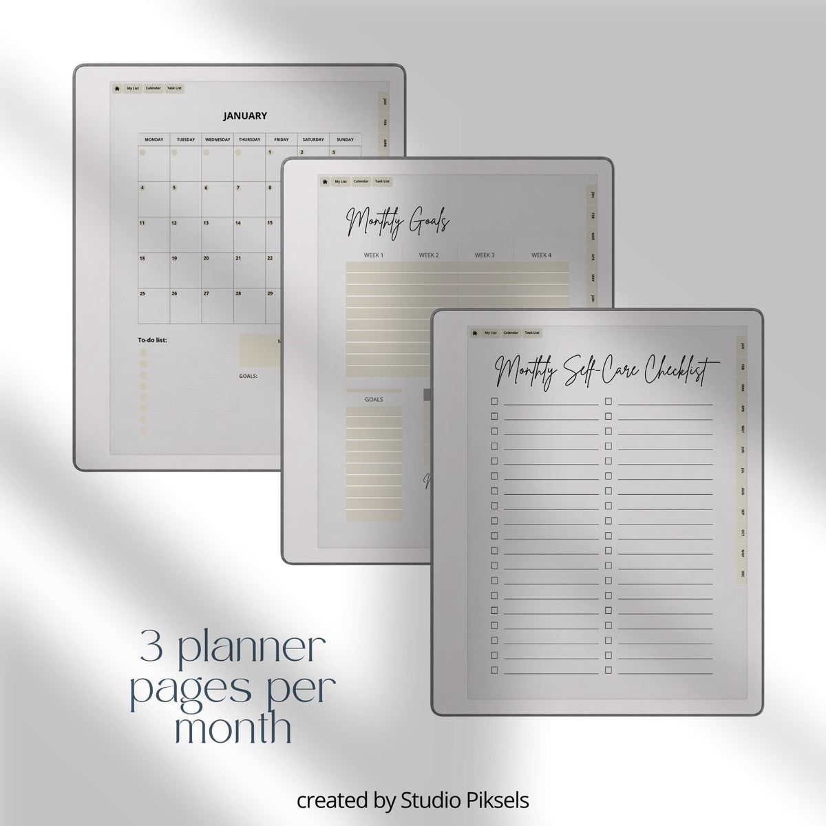 2026 Self-Care Planner PDF for reMarkable 2 and Paper Pure with grayscale wellness pages, gratitude journal sections, and hyperlinked planning layouts
