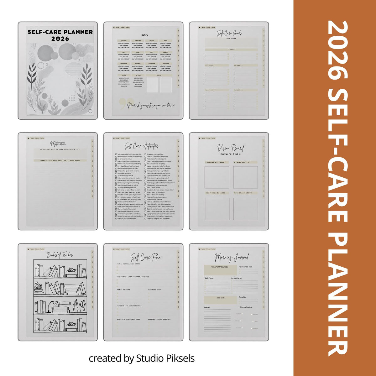 2026 Self-Care Planner PDF for reMarkable 2 and Paper Pure with grayscale wellness pages, gratitude journal sections, and hyperlinked planning layouts