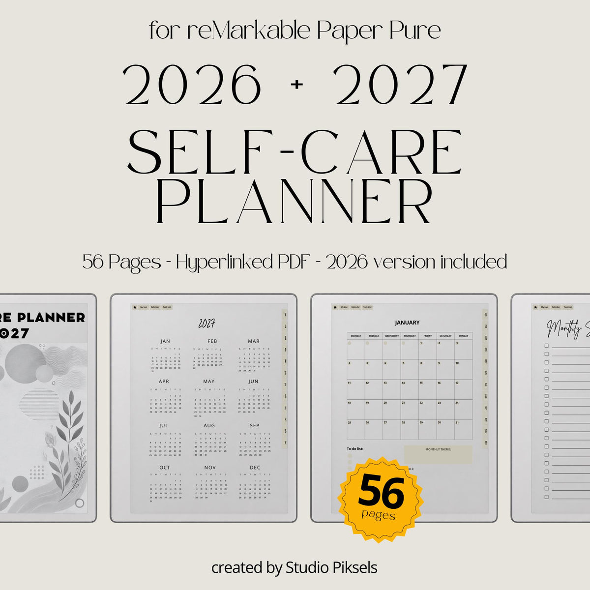 2026 Self-Care Planner PDF for reMarkable 2 and Paper Pure with grayscale wellness pages, gratitude journal sections, and hyperlinked planning layouts