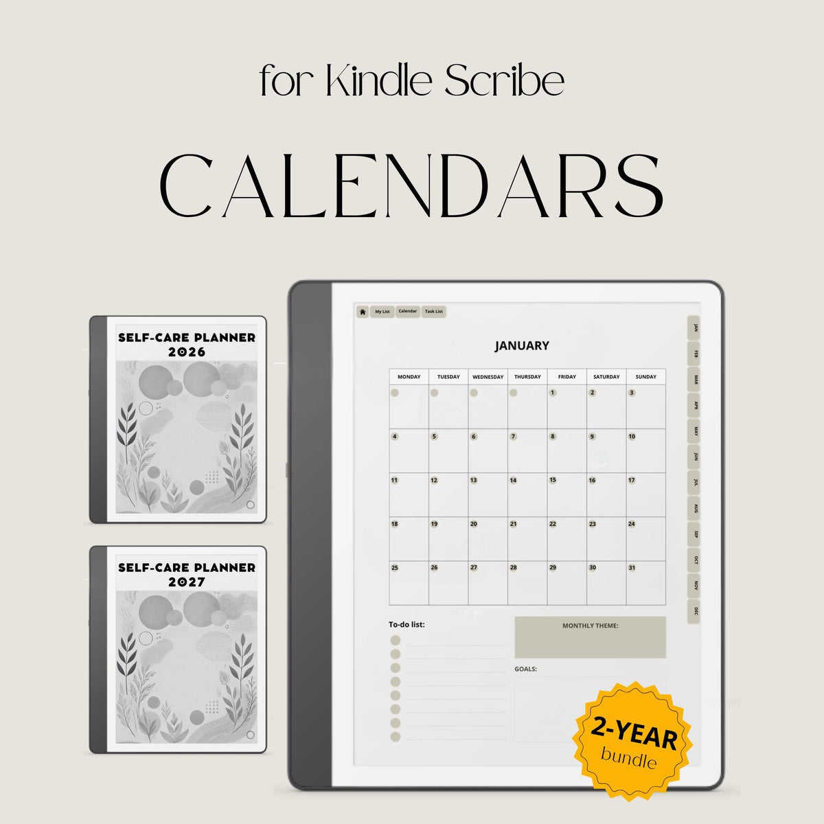 2026 Self Care Planner for Kindle Scribe featuring monthly wellness planning pages with calendars, gratitude journals, habit trackers, vision boards, and self care routines for mindful digital planning.