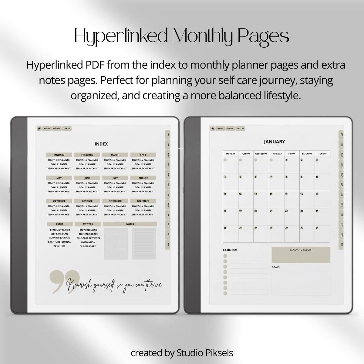 2026 Self Care Planner for Kindle Scribe featuring monthly wellness planning pages with calendars, gratitude journals, habit trackers, vision boards, and self care routines for mindful digital planning.