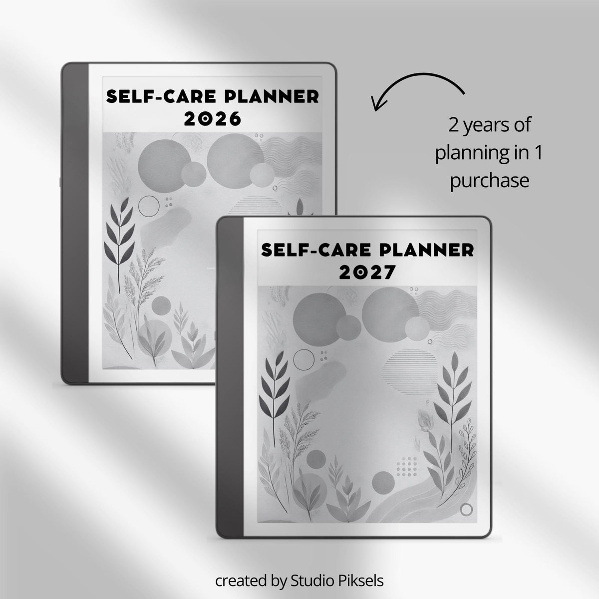 2026 Self Care Planner for Kindle Scribe featuring monthly wellness planning pages with calendars, gratitude journals, habit trackers, vision boards, and self care routines for mindful digital planning.