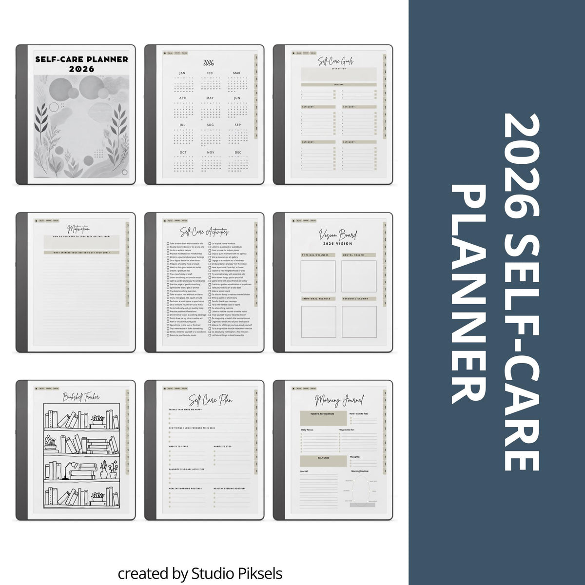 2026 Self Care Planner for Kindle Scribe featuring monthly wellness planning pages with calendars, gratitude journals, habit trackers, vision boards, and self care routines for mindful digital planning.