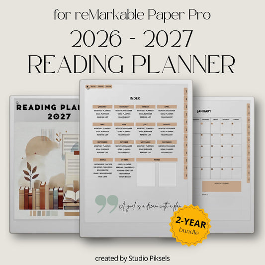 2026 + 2027 digital reading planner for reMarkable Paper Pro with reading goals, book trackers, reading challenges, and review pages
