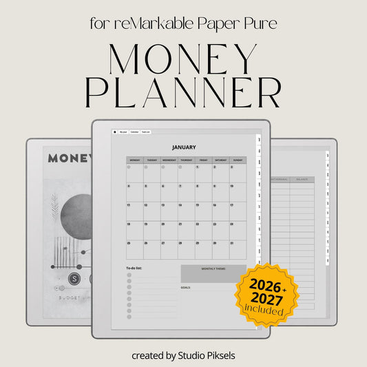 2026 + 2027 digital budget planner for reMarkable 2 and Paper Pure with monthly budgets, expense trackers, savings goals, and financial planning pages.