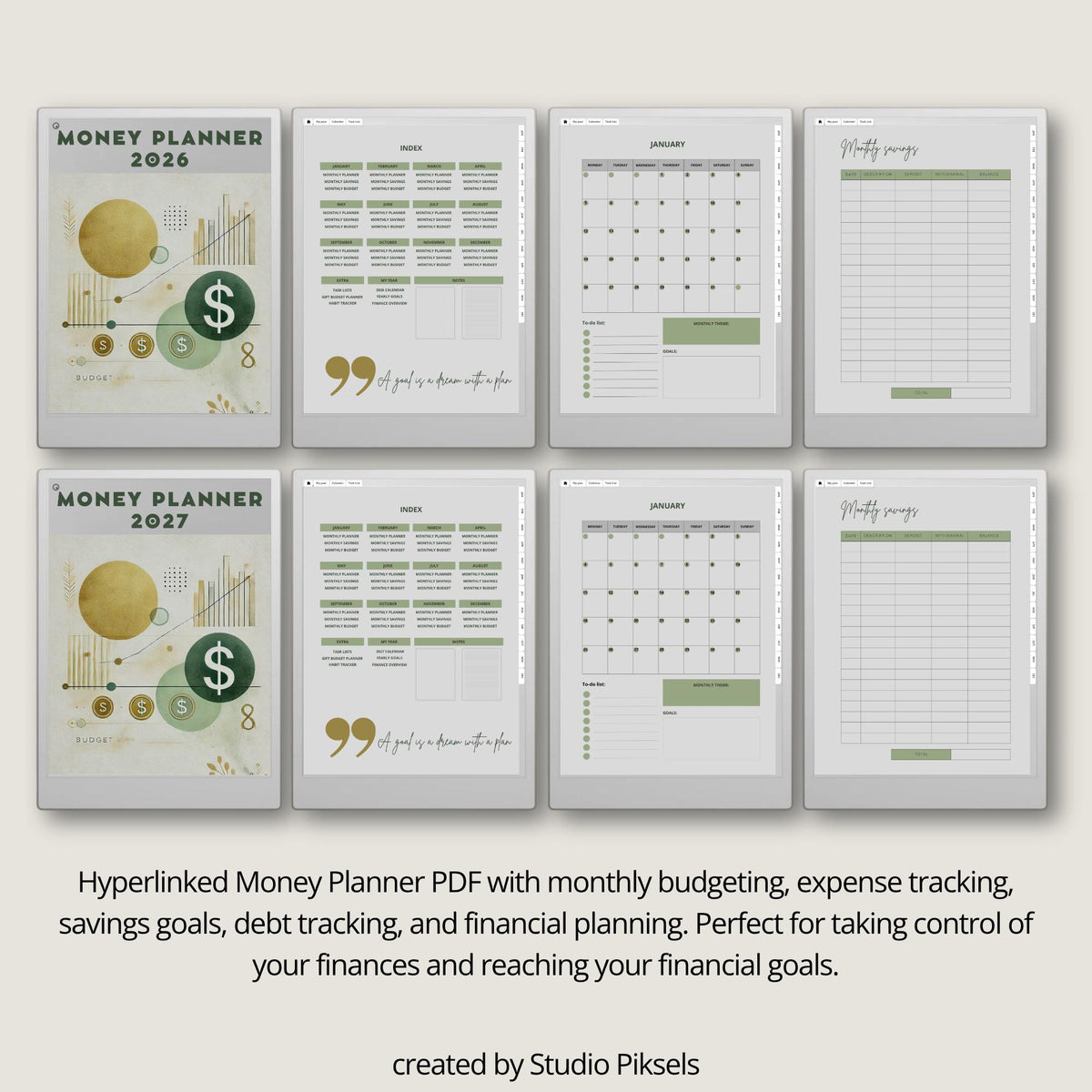 2026 Budget Planner for reMarkable Paper Pro with hyperlinked finance pages, monthly budgeting layouts, savings trackers, and digital money management tools.