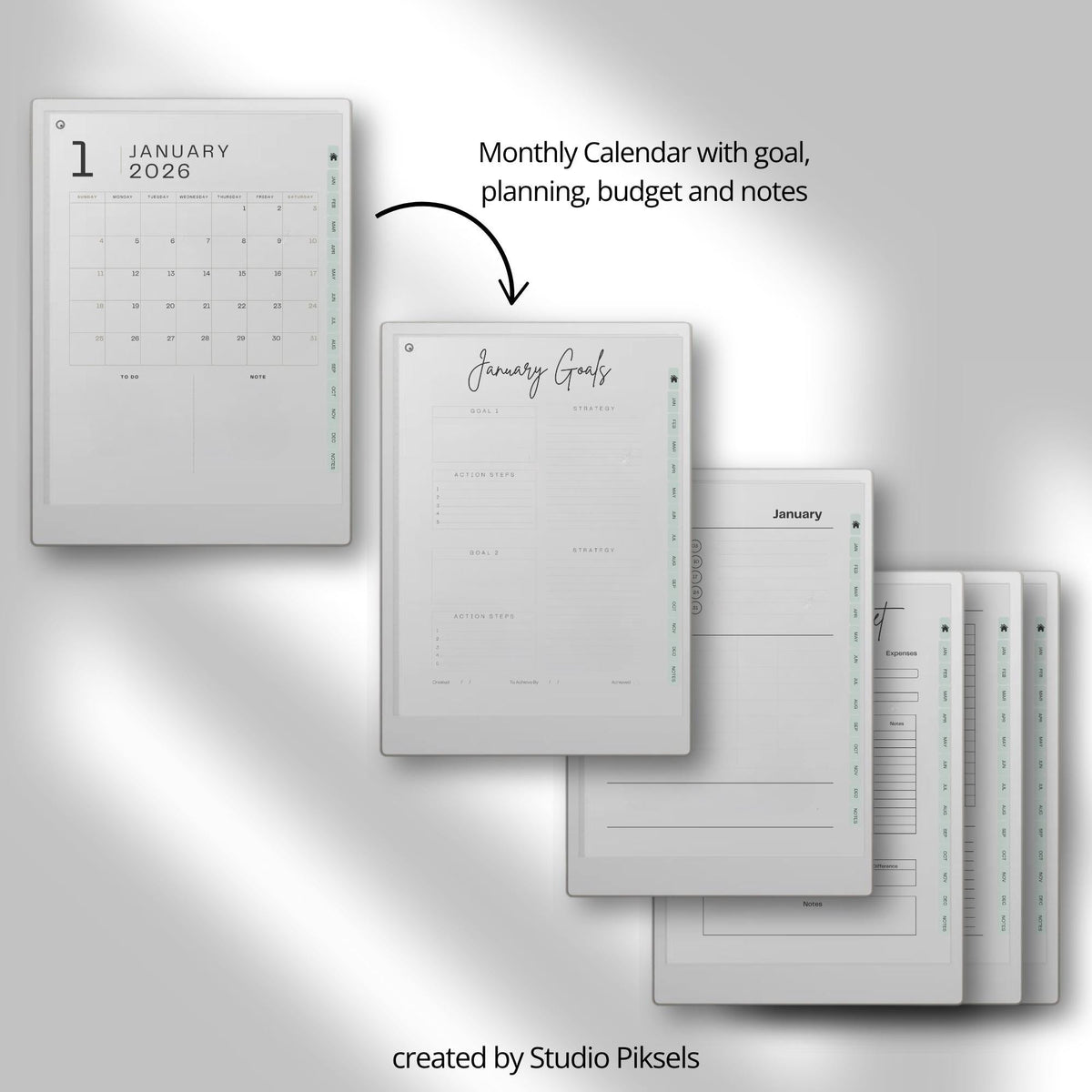 Hyperlinked 2026 Life Planner for reMarkable Paper Pro with monthly calendars, budgeting pages, goal trackers, habit tracking layouts, and digital productivity tools.
