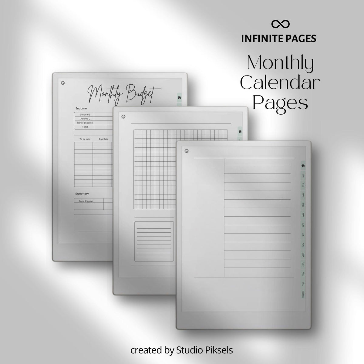 Hyperlinked 2026 Life Planner for reMarkable Paper Pro with monthly calendars, budgeting pages, goal trackers, habit tracking layouts, and digital productivity tools.