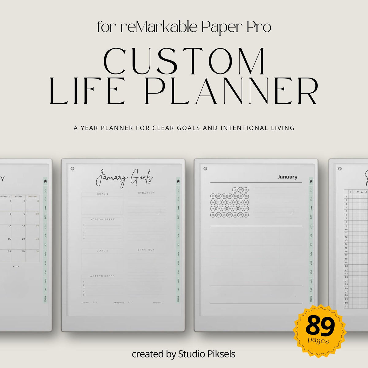 Hyperlinked 2026 Life Planner for reMarkable Paper Pro with monthly calendars, budgeting pages, goal trackers, habit tracking layouts, and digital productivity tools.